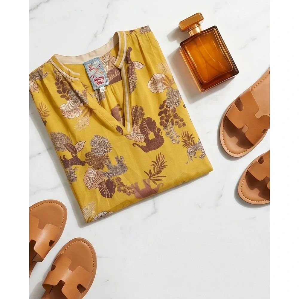 Johnny Was XS Yellow Taly Astrid Jungle Silk Safari Animal Print Tunic Blouse
